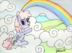 Size: 4032x3016 | Tagged: safe, artist:jakusi, ponerpics import, rainbowshine, pegasus, pony, /bale/, background pony, cloud, excited, female, happy, image, jpeg, looking at you, mare, mountain, path, pointing, rainbow, scenery, signature, sitting, traditional art