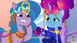 Size: 3072x1727 | Tagged: safe, derpibooru import, screencap, izzy moonbow, pony, unicorn, g5, my little pony: tell your tale, spoiler:g5, spoiler:my little pony: tell your tale, spoiler:tyts02e02, crystal brighthouse, duo, duo female, eyebrows, female, frown, heavy is the mane that wears the fruit crown, image, indonesian, jpeg, mare, misty brightdawn, raised eyebrow, rebirth misty, smiling, subtitles