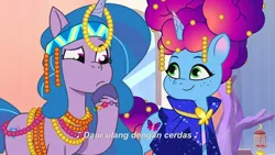 Size: 3072x1727 | Tagged: safe, derpibooru import, screencap, izzy moonbow, pony, unicorn, g5, my little pony: tell your tale, spoiler:g5, spoiler:my little pony: tell your tale, spoiler:tyts02e02, crystal brighthouse, duo, duo female, eyebrows, female, frown, heavy is the mane that wears the fruit crown, image, indonesian, jpeg, mare, misty brightdawn, raised eyebrow, rebirth misty, smiling, subtitles