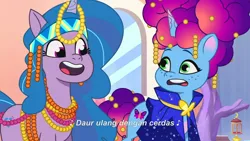 Size: 3072x1727 | Tagged: safe, derpibooru import, screencap, izzy moonbow, pony, unicorn, g5, my little pony: tell your tale, spoiler:g5, spoiler:my little pony: tell your tale, spoiler:tyts02e02, crystal brighthouse, duo, duo female, female, heavy is the mane that wears the fruit crown, image, indonesian, jpeg, mare, misty brightdawn, open mouth, open smile, rebirth misty, smiling, subtitles