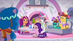 Size: 3072x1727 | Tagged: safe, derpibooru import, screencap, hitch trailblazer, izzy moonbow, pipp petals, sparky sparkeroni, sunny starscout, zipp storm, dragon, earth pony, pegasus, pony, unicorn, g5, my little pony: tell your tale, spoiler:g5, spoiler:my little pony: tell your tale, spoiler:tyts02e02, baby, baby dragon, crystal brighthouse, eyebrows, female, frown, goggles, heavy is the mane that wears the fruit crown, image, indonesian, jpeg, male, mane five, mane stripe sunny, mare, papa hitch, raised eyebrow, royal sisters (g5), siblings, sisters, stallion, subtitles