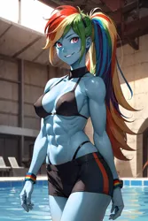 Size: 1280x1920 | Tagged: suggestive, ai content, derpibooru import, editor:masterdarhil, machine learning generated, rainbow dash, equestria girls, abs, boyshorts, bracelet, choker, clothes, female, image, jewelry, jpeg, muscles, muscular female, panties, photoshop, prompter:sammykun, recolor, smiling, solo, solo female, stupid sexy rainbow dash, swimming pool, swimsuit, two-piece swimsuit, underwear