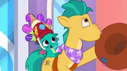 Size: 3072x1727 | Tagged: safe, derpibooru import, screencap, hitch trailblazer, sparky sparkeroni, dragon, earth pony, pony, g5, my little pony: tell your tale, spoiler:g5, spoiler:my little pony: tell your tale, spoiler:tyts02e02, :o, baby, baby dragon, crystal brighthouse, duo, duo male, heavy is the mane that wears the fruit crown, image, jpeg, male, open mouth, papa hitch, stallion