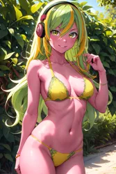 Size: 1024x1536 | Tagged: suggestive, ai content, derpibooru import, editor:masterdarhil, machine learning generated, lemon zest, equestria girls, breasts, cleavage, clothes, curvy, headphones, hourglass figure, image, jpeg, lingerie, looking at you, photoshop, prompter:sammykun, recolor, sexy, slender, smiling, solo, swimsuit, thin, two-piece swimsuit