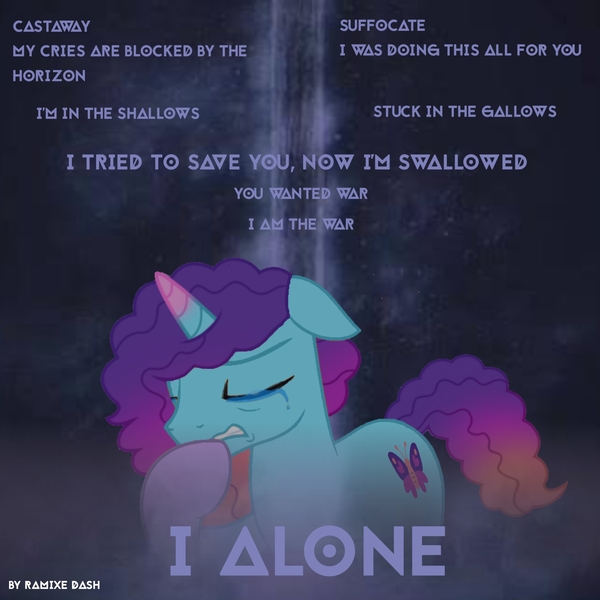 Size: 2560x2560 | Tagged: safe, artist:ramixe dash, derpibooru import, pony, g5, crying, dew daybreak, g4, g5 to g4, generation leap, image, jpeg, lyrics, male, misty brightdawn, rule 63, solo, stagelight (g5), stallion, text