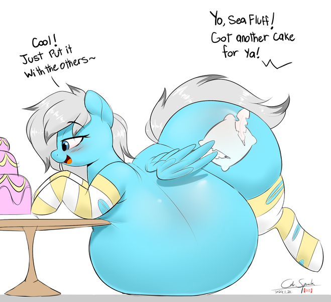 Size: 1990x1811 | Tagged: questionable, artist:cdrspark, artist:montsundere, color edit, derpibooru import, edit, editor:cdrspark, oc, oc:sea fluff, unofficial characters only, pegasus, belly, belly on floor, big belly, butt, cake, clothes, colored, dialogue, female, food, huge belly, huge butt, image, impossibly large belly, impossibly large butt, large butt, pegasus oc, png, simple background, socks, solo, solo female, stockings, striped socks, thigh highs, white background, wings