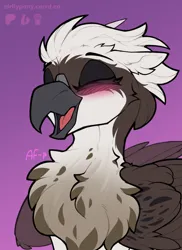 Size: 1000x1375 | Tagged: safe, artist:airfly-pony, derpibooru import, oc, oc:valkyrie, unofficial characters only, gryphon, beak, blushing, chest fluff, eyes closed, female, fluffy, folded wings, gradient background, griffon oc, image, laughing, open beak, open mouth, png, simple background, smiling, solo, spots, wings