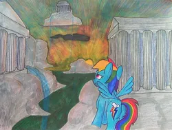 Size: 3492x2641 | Tagged: safe, artist:dhm, derpibooru import, rainbow dash, pegasus, pony, classical architecture, cloud, cloudsdale, colored pencil drawing, flying, from behind, horizon, image, jpeg, marker drawing, mixed media, pen drawing, silhouette, sky, sunrise, sunset, traditional art, water, waterfall