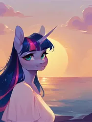 Size: 3072x4096 | Tagged: suggestive, ai content, derpibooru import, machine learning generated, stable diffusion, twilight sparkle, anthro, unicorn, adorasexy, beautiful, cute, generator:pony diffusion v6 xl, image, jpeg, long hair, looking at you, loose fitting clothes, prompter:frw, rock, sexy, shore, solo, sunset background, unicorn twilight