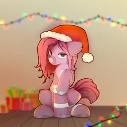 Size: 3000x3000 | Tagged: safe, artist:o0o-bittersweet-o0o, derpibooru import, oc, unofficial characters only, earth pony, pony, christmas, christmas lights, eye clipping through hair, female, hat, holiday, image, indoors, looking at you, mare, png, present, raised leg, santa hat, sitting, smiling
