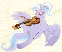 Size: 1500x1239 | Tagged: safe, artist:higgly-chan, derpibooru import, oc, oc:marcata maestoso, unofficial characters only, pegasus, pony, eyes closed, female, flying, glasses, hair tie, image, musical instrument, png, ponytail, simple background, smiling, solo, spread wings, violin, wings
