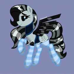 Size: 2048x2048 | Tagged: safe, artist:chelseawest, derpibooru import, oc, oc:achromia, unofficial characters only, pegasus, pony, robot, robot pony, black sclera, blue eyes, clothes, cutie mark, image, jpeg, lavender background, simple background, socks, solo, striped socks