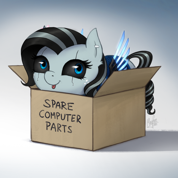 Size: 1300x1300 | Tagged: safe, artist:magfen, derpibooru import, oc, oc:achromia, unofficial characters only, pegasus, pony, robot, robot pony, :p, behaving like a cat, black sclera, box, cardboard box, commission, female, glowing wings, if i fits i sits, image, looking at you, mare, png, silly face, tongue out, wings, ych result