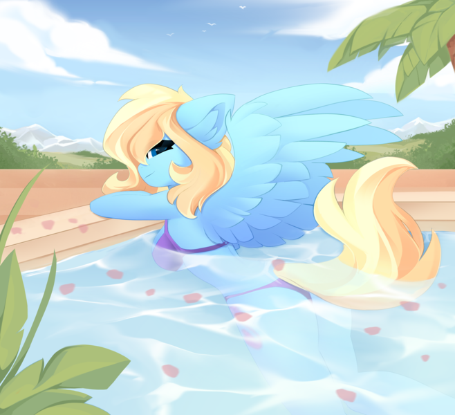 Size: 3000x2736 | Tagged: suggestive, artist:shooshaa, derpibooru import, oc, oc:lusty symphony, anthro, pegasus, pony, beautiful, beautisexy, bikini, breasts, clothes, image, looking at you, palm tree, png, rose petals, solo, spread wings, swimming, swimming pool, swimsuit, tree, wings