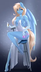 Size: 1157x2048 | Tagged: suggestive, artist:u_lu_lu, derpibooru import, oc, oc:lusty symphony, unofficial characters only, anthro, pegasus, pony, unguligrade anthro, absolute cleavage, barstool, breasts, cleavage, clothes, commission, dress, fancy, female, glass, image, jpeg, simple background, skimpy outfit, solo, solo female, wine glass