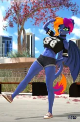 Size: 1080x1648 | Tagged: safe, artist:anthroponiessfm, derpibooru import, oc, oc:layla horizon, anthro, bat pony, 3d, anthro oc, bat pony oc, bat wings, clothes, collar, cute, fangs, female, image, looking at you, park, png, shoes, short shirt, shorts, source filmmaker, wings
