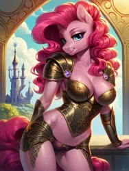 Size: 3072x4096 | Tagged: suggestive, ai content, derpibooru import, machine learning generated, stable diffusion, pinkie pie, anthro, earth pony, armor, beautiful, beautisexy, belly button, big breasts, breasts, busty pinkie pie, cleavage, female, g4, generator:pony diffusion v6 xl, high res, image, jpeg, looking at you, nudity, prompter:xydo, smiling, solo, solo female, stupid sexy pinkie, unconvincing armor