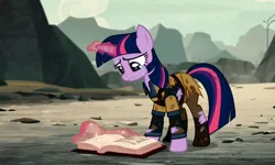 Size: 1280x768 | Tagged: safe, ai content, derpibooru import, machine learning generated, screencap, stable diffusion, twilight sparkle, pony, unicorn, book, clothes, crying, depressed, fake, female, female focus, g4, generator:pony diffusion v6 xl, image, jpeg, magic, sad, solo, solo female, solo focus, standing