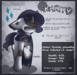 Size: 2350x2300 | Tagged: grimdark, artist:miryelis, derpibooru import, rarity, pony, unicorn, bandage, big ears, blood, broken horn, clothes, female, horn, image, infected, mare, nosebleed, png, scared, short hair, solo, standing, text, virus
