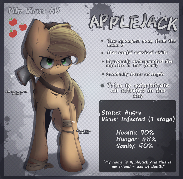 Size: 2350x2300 | Tagged: grimdark, artist:miryelis, derpibooru import, applejack, earth pony, pony, axe, bandage, blood, female, g4, hat, image, mare, png, serious, solo, standing, text, virus, weapon