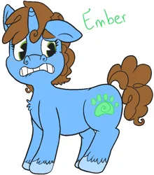 Size: 848x963 | Tagged: safe, artist:tiger-puppy, oc, oc:ember, unofficial characters only, pony, unicorn, female, floppy ears, image, looking back, looking sideways, mare, png, ponysona, short tail, simple background, solo, tail, teeth, text, unshorn fetlocks, white background