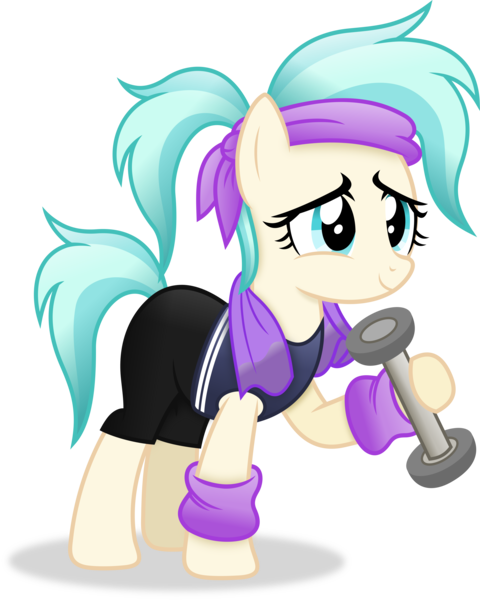 Size: 3439x4301 | Tagged: safe, artist:anime-equestria, derpibooru import, coco pommel, earth pony, pony, alternate hairstyle, clothes, female, headband, image, leg warmers, mare, png, ponytail, shorts, simple background, smiling, solo, towel, transparent background, vector
