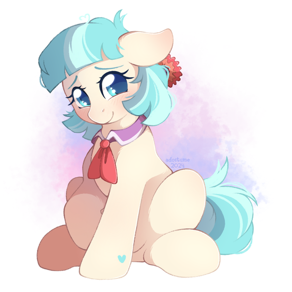 Size: 2048x2048 | Tagged: safe, artist:adostume, derpibooru import, coco pommel, pony, blushing, digital art, female, heart, image, looking at you, mare, png, raised hoof, shy, simple background, sitting, smiling, smiling at you, solo, solo female