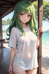 Size: 1024x1536 | Tagged: safe, ai content, derpibooru import, machine learning generated, wallflower blush, human, equestria girls, beach, breasts, building, busty wallflower blush, clothes, column, female, freckles, generator:yodayo, holding, humanized, image, jpeg, long hair, looking at you, outdoors, oversized clothes, oversized shirt, plants, prompter:sammykun, sand, see-through, shirt, short sleeves, sky, smiling, solo, tree, wet clothes, wet shirt, wood