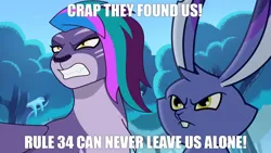 Size: 1280x720 | Tagged: safe, derpibooru import, edit, edited screencap, screencap, big cat, leopard, rabbit, snow leopard, g5, my little pony: tell your tale, allura, angry, animal, female, frozen, funny, funny as hell, icy prints, image, jpeg, male, meme, rule 34, they know, twitch (g5)