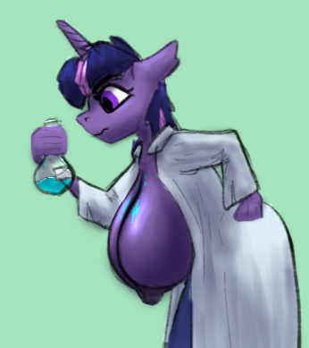 Size: 346x389 | Tagged: questionable, artist:ismyaltaccount, derpibooru import, twilight sparkle, anthro, big breasts, breast expansion, breasts, clothes, colored sketch, green background, growth, hanging breasts, horn, huge breasts, image, impossibly large breasts, lab coat, leaning forward, png, potion, simple background, sketch, unfinished art, wip