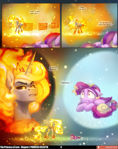 Size: 3541x4469 | Tagged: safe, artist:jewellier, artist:lummh, derpibooru import, daybreaker, princess cadance, alicorn, pegasus, pony, comic:the princess of love, alternate hairstyle, alternate tailstyle, ascension realm, crown, dialogue, female, fiery mane, filly, fire, foal, frightened, g4, gritted teeth, high res, hoof shoes, image, jewelry, lyrics, mare, pegasus cadance, peytral, pinpoint eyes, png, princess celestia's special princess making dimension, princess shoes, regalia, tail, teeth, text, wide eyes, young cadance, younger