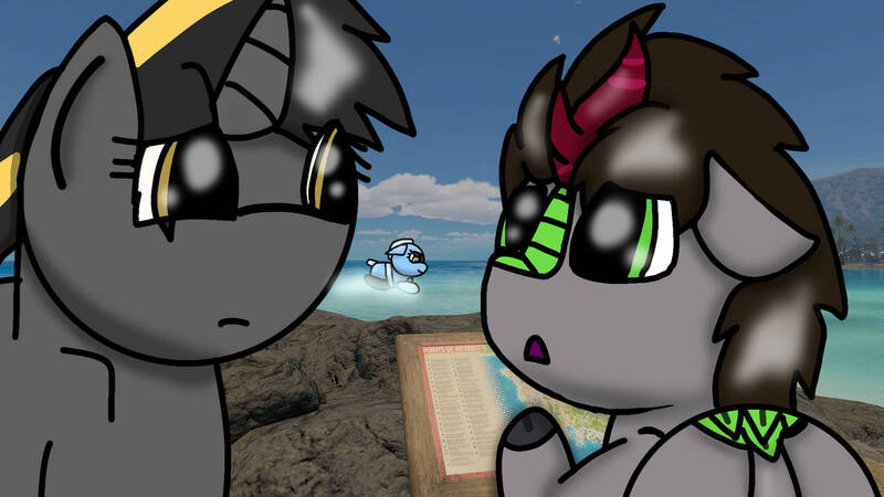 Size: 1192x670 | Tagged: safe, artist:foxfer64_yt, derpibooru import, oc, oc:kaia mahoe, oc:razor uniboop, oc:silverstream (robot pony), hybrid, kirin, original species, pony, robot, robot pony, unicorn, asking, beach, concerned, day, draft horse, image, jpeg, looking at each other, looking at someone, photo, rock