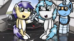 Size: 1192x670 | Tagged: safe, artist:foxfer64_yt, derpibooru import, oc, oc:nara (fl), oc:silverstream (robot pony), oc:twostep, alicorn, earth pony, pony, robot, robot pony, duo, friends, happy, image, indoor, jpeg, looking at each other, looking at someone, nissan, wrench