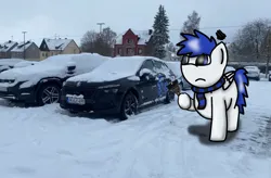 Size: 1105x723 | Tagged: safe, artist:foxfer64_yt, derpibooru import, oc, oc:shy white, unofficial characters only, pegasus, pony, car, commission, ice, image, jpeg, looking at something, parking lot, photo, snow, solo, unamused
