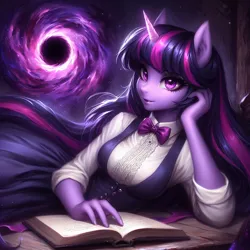 Size: 2048x2048 | Tagged: safe, ai content, derpibooru import, machine learning generated, prompter:krivovyaz, twilight sparkle, anthro, unicorn, black hole, blouse, book, clothes, dress, generator:bing image creator, glow, glowing horn, horn, image, png, skirt, solo