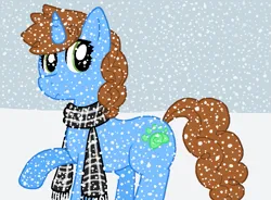 Size: 789x582 | Tagged: safe, artist:tiger-puppy, oc, oc:ember, unofficial characters only, pony, unicorn, :c, clothes, cute, cutie mark, female, frown, horn, image, mare, ocbetes, png, ponysona, raised hoof, sad, scarf, sky, snow, solo, unicorn oc