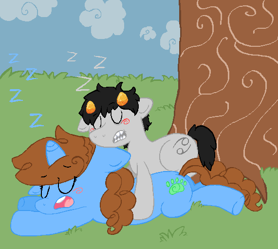 Size: 571x511 | Tagged: safe, artist:tiger-puppy, oc, oc:ember, ponified, pony, blushing, cloud, colt, crossover, cutie mark, eyes closed, female, grass, homestuck, image, karkat vantas, male, mare, onomatopoeia, open mouth, png, prone, sharp teeth, shipping, sleeping, snoring, sound effects, teeth, tree, zzz