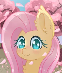 Size: 2000x2341 | Tagged: safe, artist:bubblegooey, derpibooru import, fluttershy, pegasus, pony, :3, adorable face, blushing, bust, cherry blossoms, chest fluff, cute, ear fluff, female, flower, flower blossom, g4, glow, glowing eyes, grass, green eyes, high res, image, looking at you, mare, petals, pink mane, png, portrait, shyabetes, signature, sky, smiling, tree