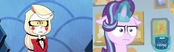 Size: 2464x738 | Tagged: safe, derpibooru import, edit, screencap, starlight glimmer, pony, :i, clothes, cup, discovery family, discovery family logo, female, food, hazbin hotel, horn, i mean i see, image, levitation, logo, magic, mare, marshmallow, meme, png, red eyes, suit, telekinesis