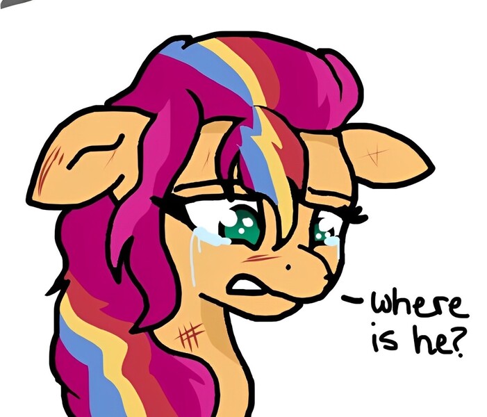 Size: 1280x1095 | Tagged: safe, artist:sheriffwayz, derpibooru import, part of a set, sunny starscout, earth pony, g5, bruised, crying, dialogue, image, implied hitch trailblazer, implied shipping, implied straight, implied sunnyhitch, jpeg, mane stripe sunny, simple background, white background