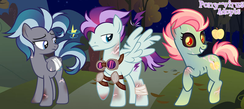 Size: 1280x572 | Tagged: safe, artist:vi45, derpibooru import, oc, unofficial characters only, earth pony, pegasus, pony, undead, unicorn, zombie, bandage, female, goggles, image, jpeg, male, mare, stallion