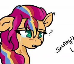 Size: 1280x1095 | Tagged: safe, artist:sheriffwayz, derpibooru import, part of a set, sunny starscout, earth pony, g5, bruised, crying, dialogue, image, implied hitch trailblazer, implied shipping, implied straight, implied sunnyhitch, jpeg, mane stripe sunny, offscreen character, question mark, simple background, white background