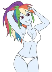 Size: 1480x2048 | Tagged: suggestive, artist:sumin6301, derpibooru import, edit, editor:mlplove, rainbow dash, human, equestria girls, 2d, arm behind head, armpits, belly button, bra, breasts, cameltoe, clothes, female, g4, gloves, image, looking at you, multicolored hair, panties, png, ponytail, rainbow hair, simple background, smiling, smiling at you, socks, solo, striped bra, thigh highs, underwear, white background, white bra, white panties, white underwear, wristband