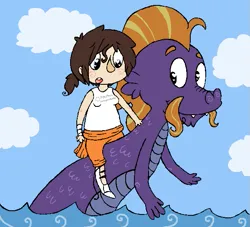 Size: 599x544 | Tagged: safe, artist:tiger-puppy, steven magnet, human, sea serpent, blushing, chell, cloud, duo, female, image, looking down, male, png, portal (valve), riding, sky, water