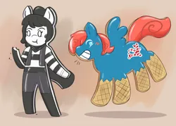 Size: 2543x1821 | Tagged: suggestive, artist:helixjack, oc, oc:isabelle incraft, unofficial characters only, pegasus, anthro with ponies, bean mouth, clothes, cookie, cropped, duo, female, food, food transformation, grin, image, inanimate tf, jpeg, mime, shiny, simple background, smiling, socks, spread wings, transformation, wings, yellow background