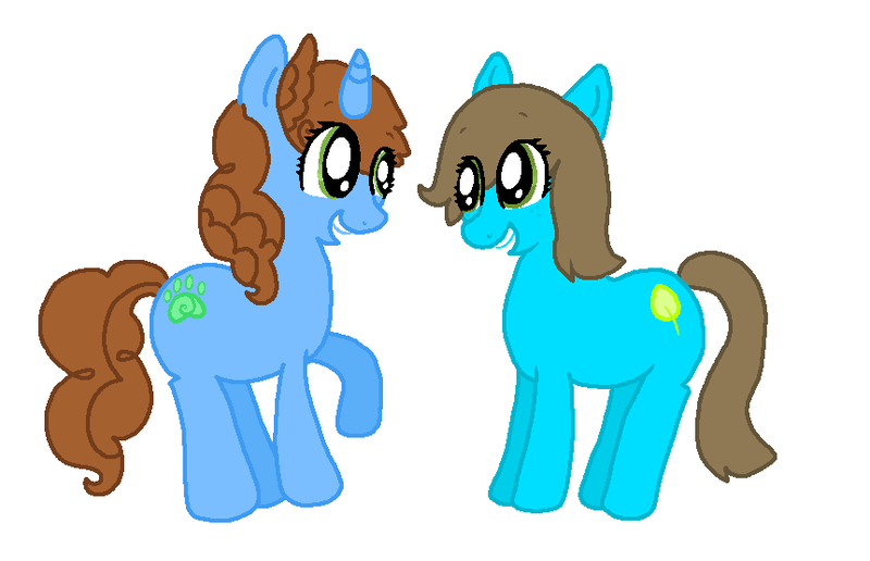 Size: 861x555 | Tagged: safe, artist:tiger-puppy, oc, oc:ember, unnamed oc, unofficial characters only, earth pony, pony, unicorn, cutie mark, duo, earth pony oc, female, females only, horn, image, looking at each other, mare, open mouth, png, ponysona, raised hoof, simple background, smiling, tail, unicorn oc, white background