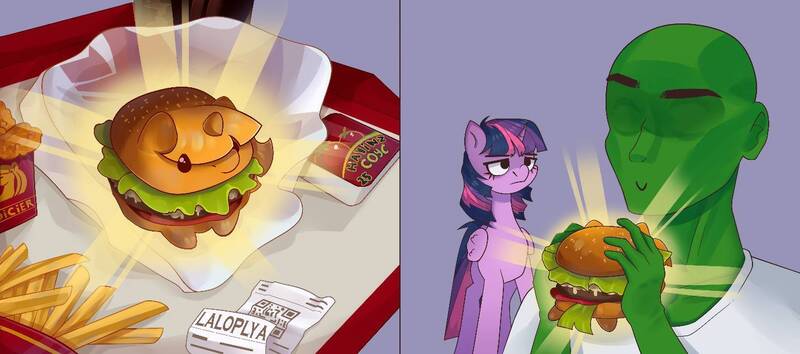 Size: 1432x633 | Tagged: safe, artist:laloplya, derpibooru import, twilight sparkle, twilight sparkle (alicorn), oc, oc:anon, ponified, alicorn, food pony, human, original species, pony, burger, chicken meat, chicken nugget, duo, duo male and female, female, food, french fries, frown, image, jpeg, male, mare, meat, smiling, twilight burgkle, twilight sparkle is not amused, unamused
