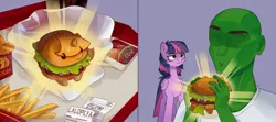 Size: 1432x633 | Tagged: safe, artist:laloplya, derpibooru import, twilight sparkle, twilight sparkle (alicorn), oc, oc:anon, ponified, alicorn, food pony, human, original species, pony, burger, chicken meat, chicken nugget, duo, duo male and female, female, food, french fries, frown, image, jpeg, male, mare, meat, smiling, twilight burgkle, twilight sparkle is not amused, unamused