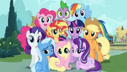 Size: 1280x720 | Tagged: safe, artist:tylerajohnson352, derpibooru import, applejack, fluttershy, pinkie pie, rainbow dash, rarity, spike, starlight glimmer, sunset shimmer, trixie, twilight sparkle, alicorn, dragon, earth pony, pegasus, pony, unicorn, image, mane seven, mane six, png