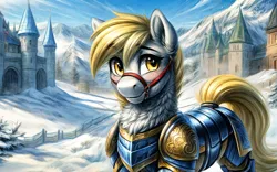 Size: 6464x4032 | Tagged: safe, ai content, derpibooru import, machine learning generated, stable diffusion, derpy hooves, pony, absurd file size, absurd resolution, armor, armored pony, blonde mane, blonde tail, blushing, bridle, castle, chest fluff, detailed, detailed background, ear fluff, female, feral, fluffy, generator:easyfluff v11.2, harness, image, looking at you, mare, medieval, png, quadrupedal, smiling, smiling at you, snow, solo, tack, tail, yellow eyes